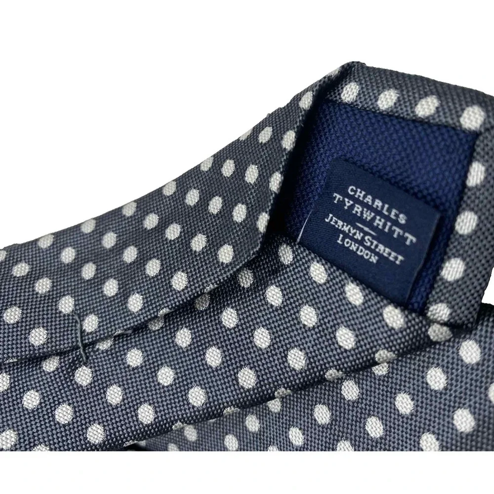 CHARLES TYRWHITT Men's 100% Silk Skinny‎ Necktie Designer POLKA DOT Gray/White